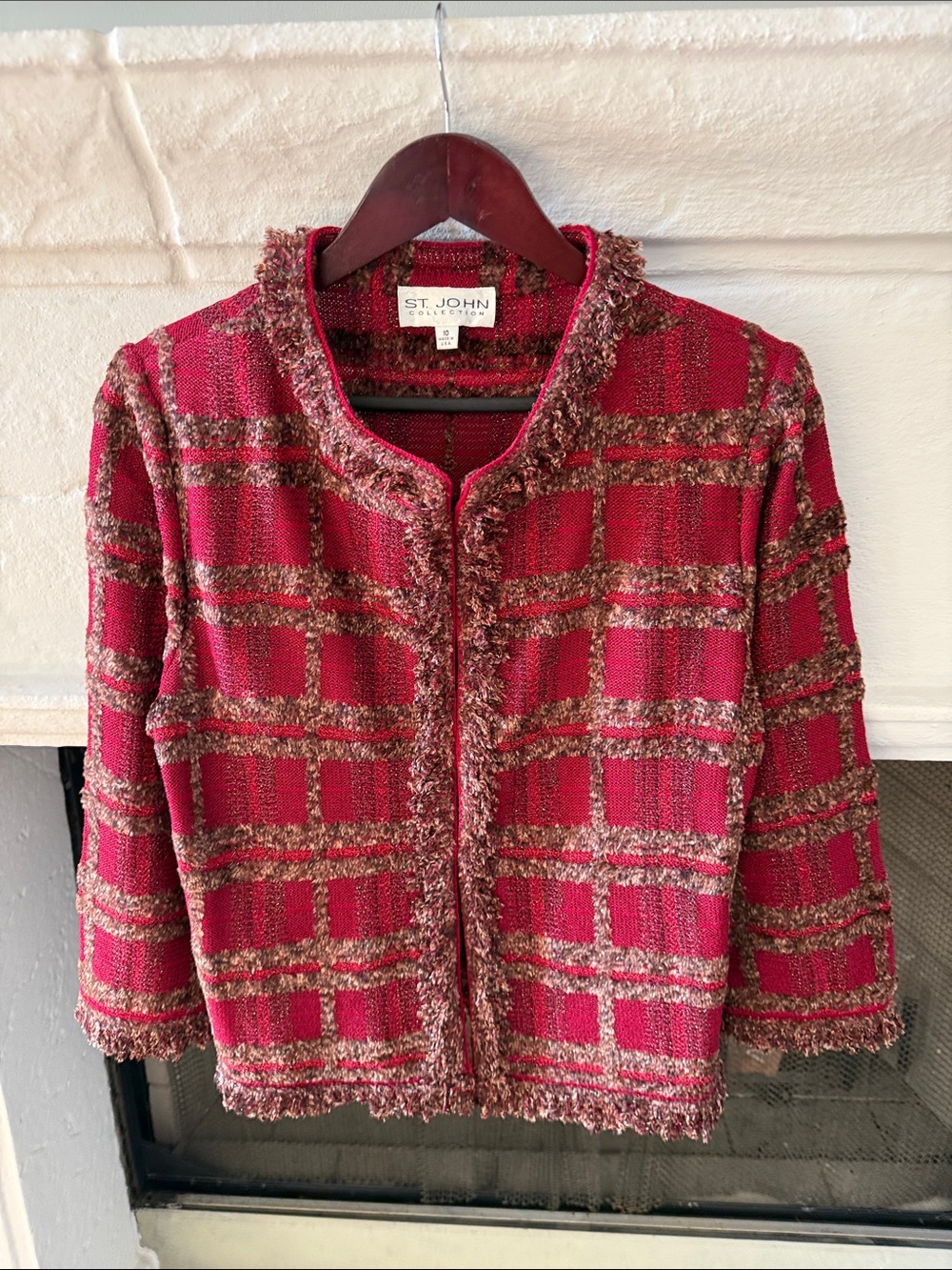 St. John Red & Brown Tweed Fringe-Trim Jacket